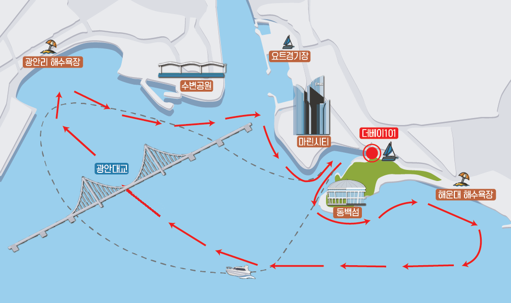 Map of the daytime Adventure Tour route from The Bay 101 around Gwangan Bridge and Marine City
