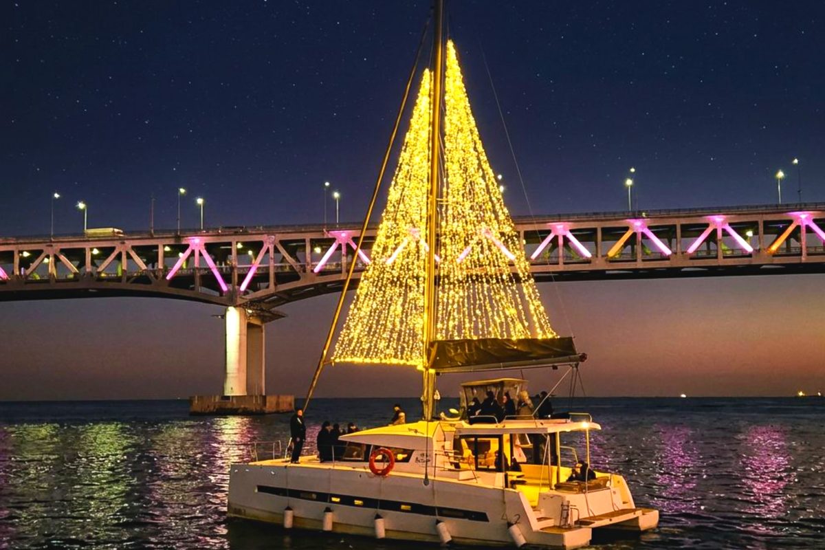 The BALI lit up as a yacht tree in front of the Gwangan Bridge night view