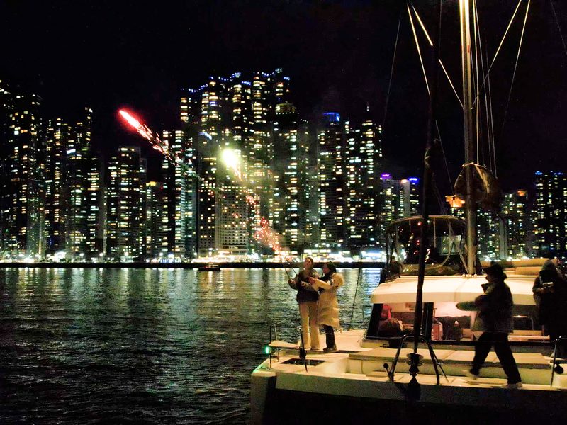 Fireworks on a yacht before the Marine City night view