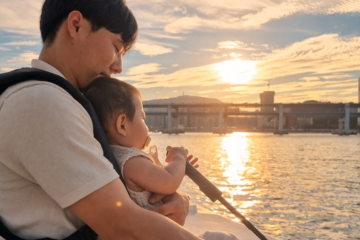 Father holding his child on the sea at sunset
