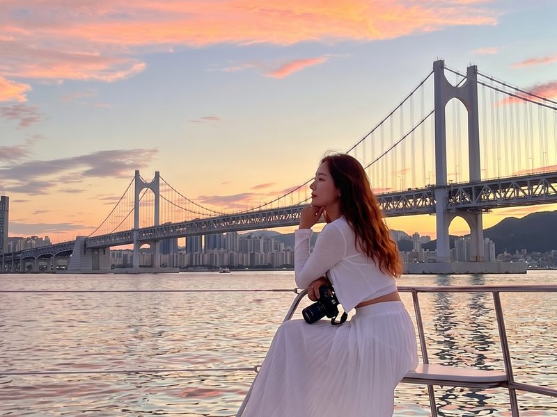 Guest standing on deck in front of Gwangan Bridge at sunset